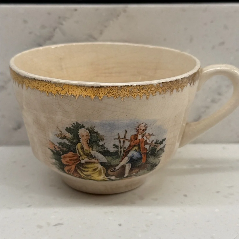 Cronin China Colonial Courting Couple Teacups w/ Gold Trim (Set of 2) [A]